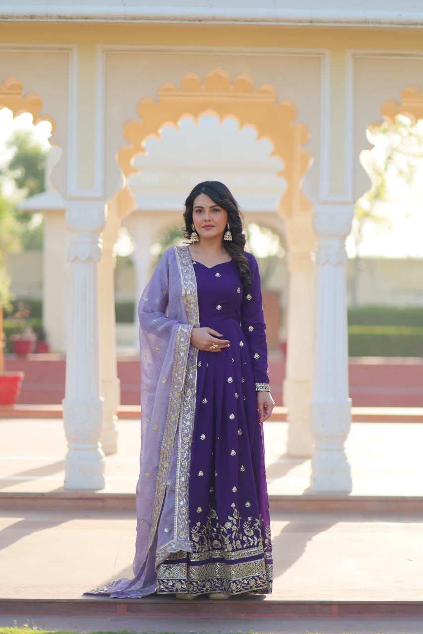 Purple Anarkiri With  Embroidery And Lavender Dupatta