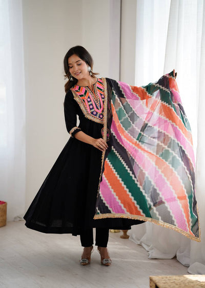 BLACK KHADI COTTON DESIGNER GOWN WITH EMBROIDERED MIRROR WORK & DIGITAL PRINT DUPATTA