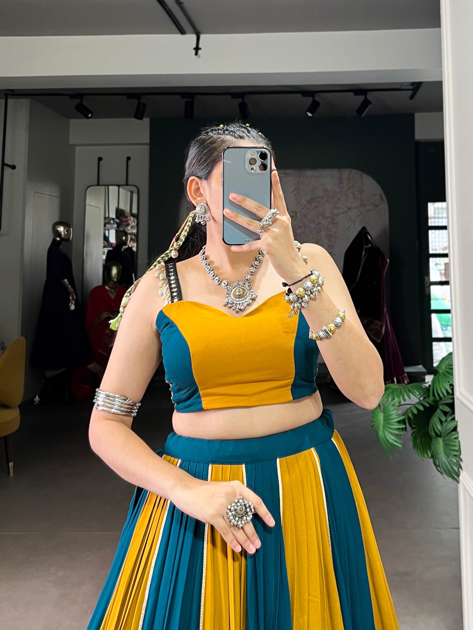 Mustard And Teal Contrast Lehenga Choli With Floral Embroidered Border