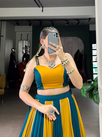Mustard And Teal Contrast Lehenga Choli With Floral Embroidered Border