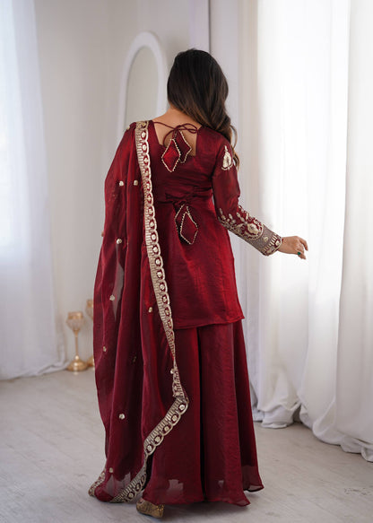 Maroon Embroidered Sharara Suit Set With Dupatta – Festive Ethnic Wear