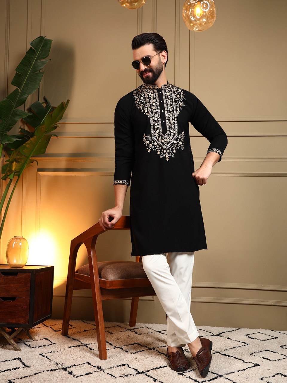 Classic Designer Embroidered Kurta Set For Men With White Pajama