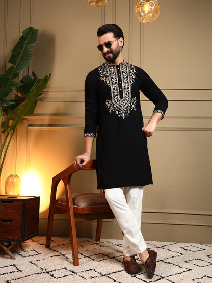Classic Designer Embroidered Kurta Set For Men With White Pajama