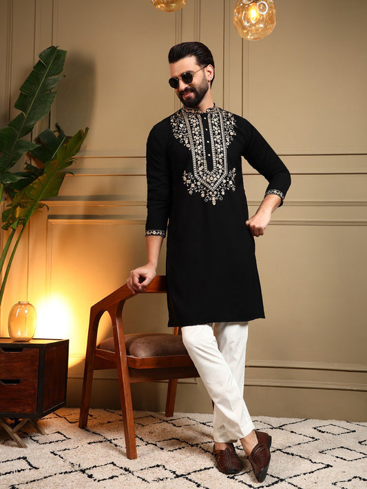 Classic Designer Embroidered Kurta Set For Men With White Pajama