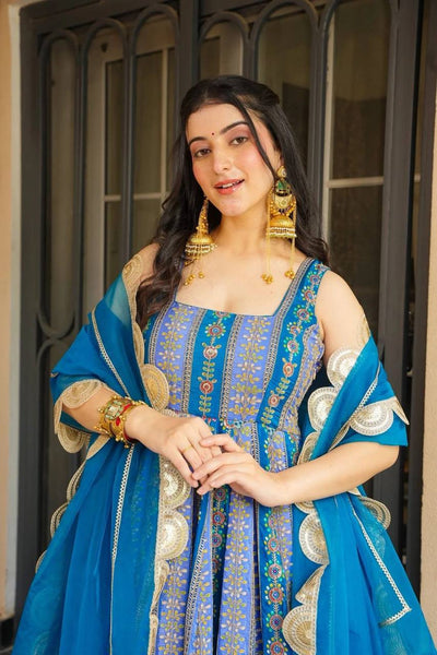 ROYAL BLUE DIGITAL PRINTED  ANARKALI WITH DESIGNER DUPATTA