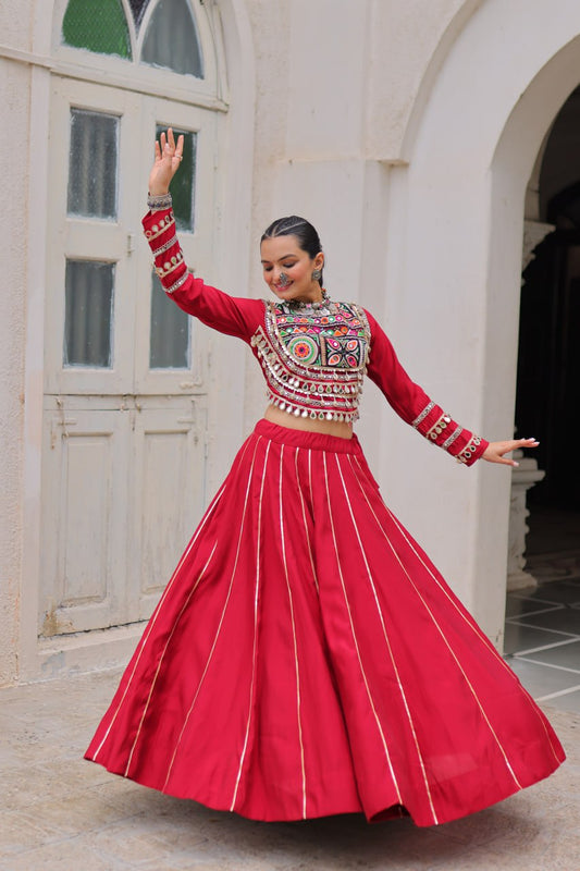 Designer Lehenga With Kutchi Gamthi Embroidered Blouse And Mirror Work