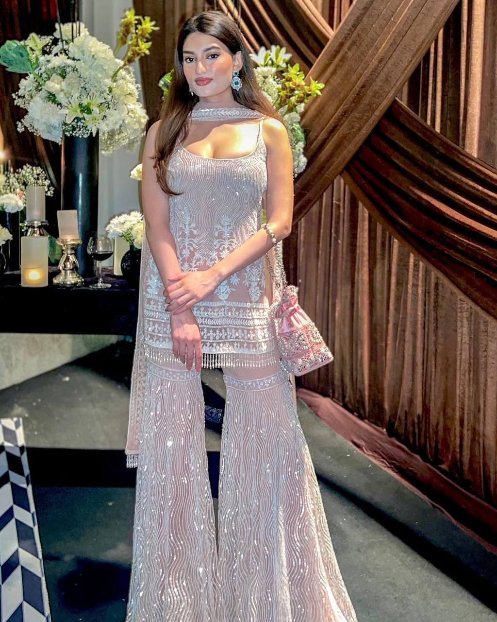 Heavy Pearl And Sequins Embroidered Spaghetti Strap Sharara Set With Dupatta
