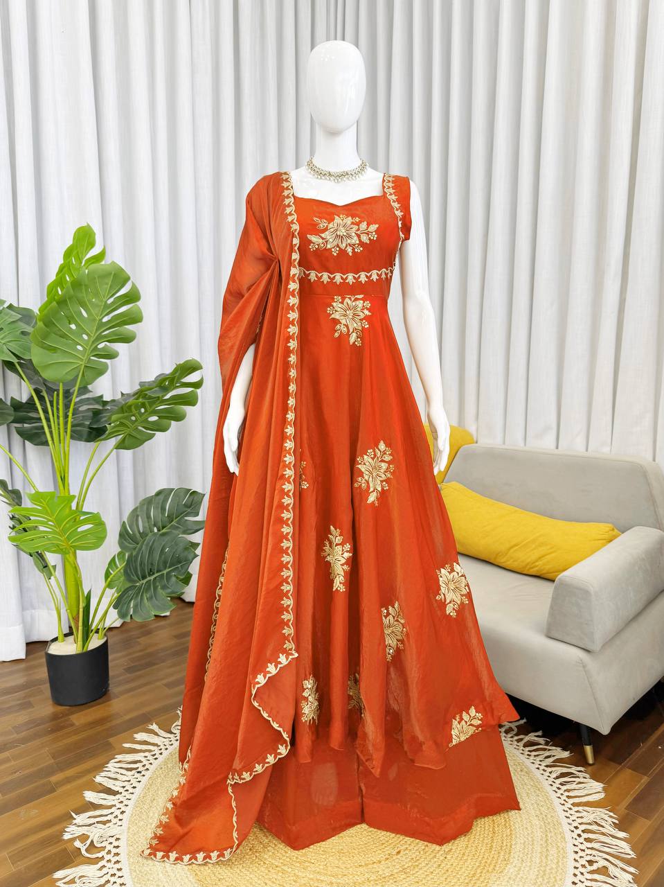Floral Embroidered Sleeveless Anarkali Gown With Dupatta Set