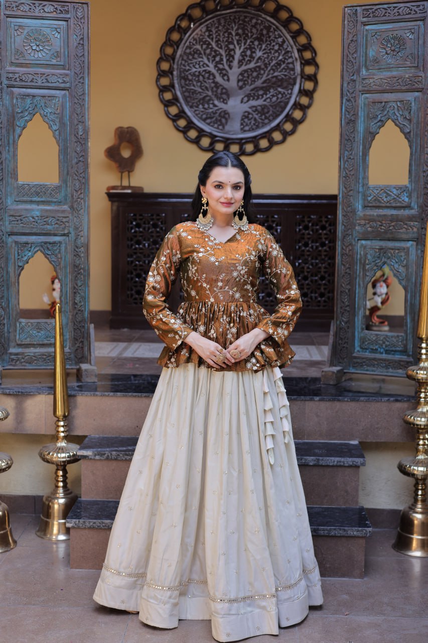 Rust Gold Floral Embroidered Peplum Top With Off-White Lehenga Skirt Set