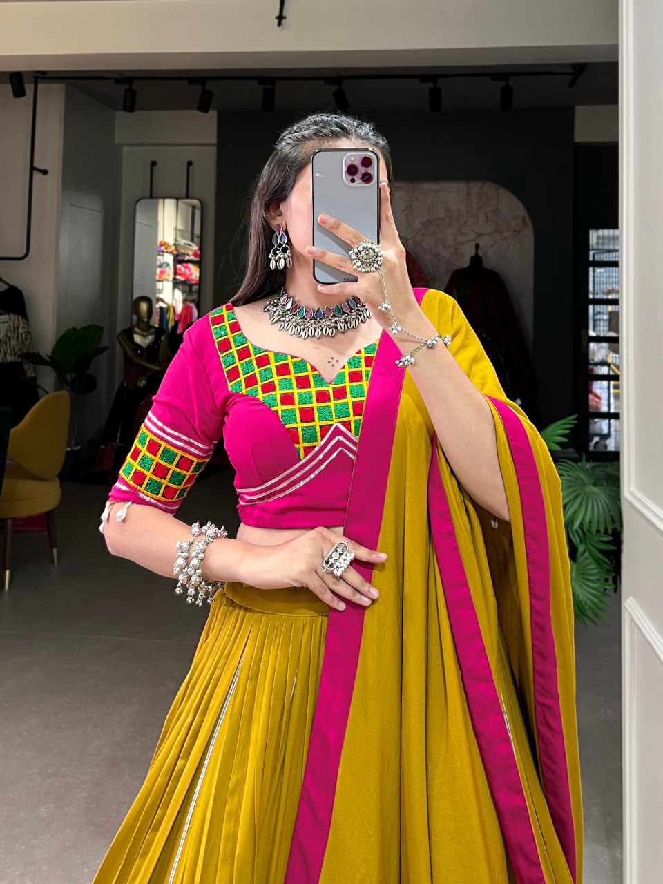 Mustard Yellow Silk Lehenga Choli With Pink Mirror Work Blouse And Dupatta