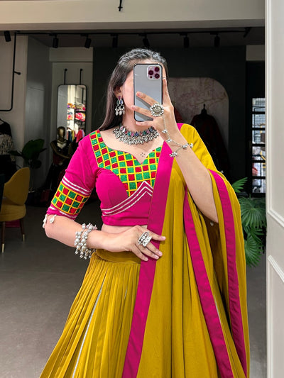 Mustard Yellow Silk Lehenga Choli With Pink Mirror Work Blouse And Dupatta