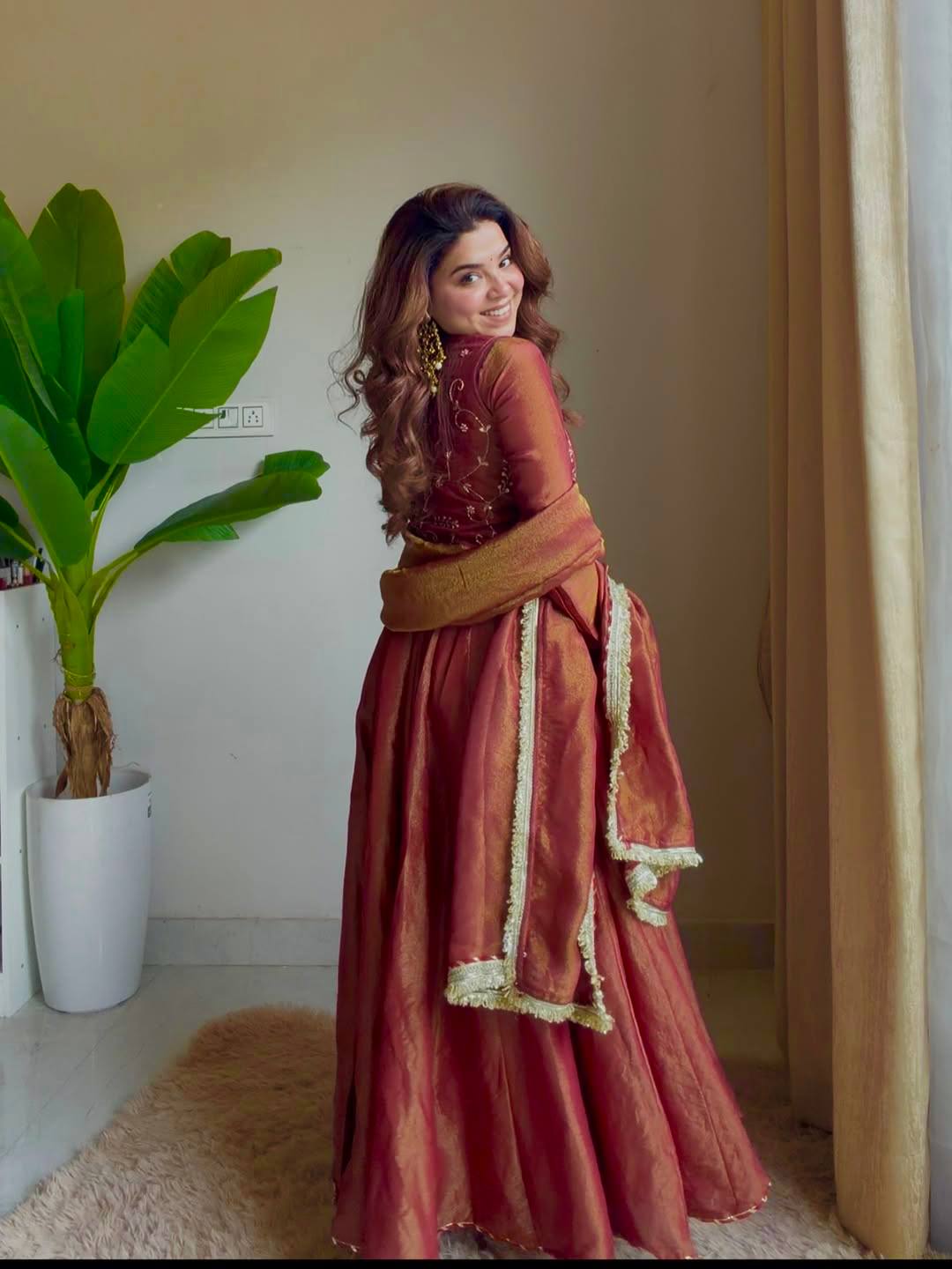 Red Silk Anarkali Suit With Gold Embroidery And Matching Dupatta
