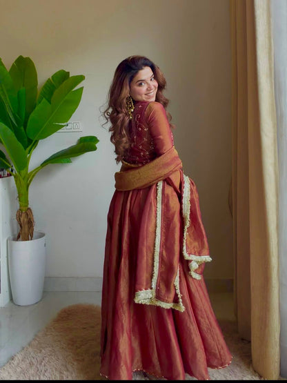 Red Silk Anarkali Suit With Gold Embroidery And Matching Dupatta