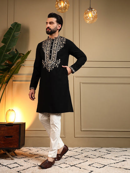 Classic Designer Embroidered Kurta Set For Men With White Pajama