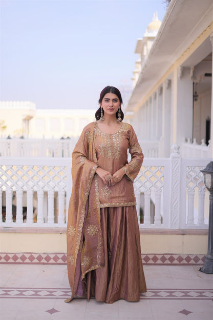 Embroidered Kurta Sharara Set with Zari Work And Dupatta