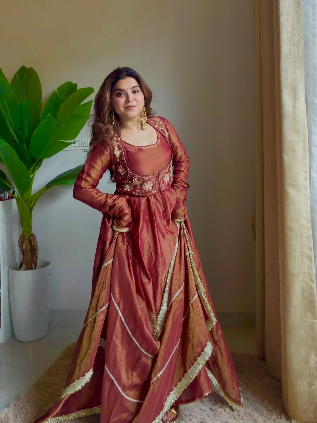 Red Silk Anarkali Suit With Gold Embroidery And Matching Dupatta