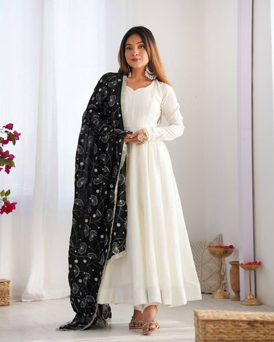 Elegant White Vichitra Silk Anarkali Set With Black Embroidered Dupatta