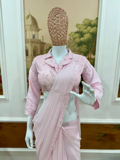 Baby Pink Ready-to-Wear Saree With Collared Embroidered Blouse