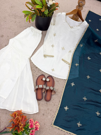 Embroidered Sharara Set With Contrast Sequin Teal Blue Dupatta