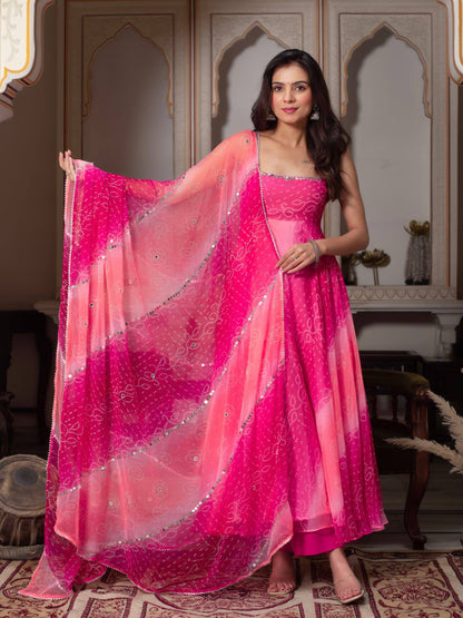 Pink Shaded Bandhani Print Anarkali Kurta Set With Real Mirror Work And Dupatta