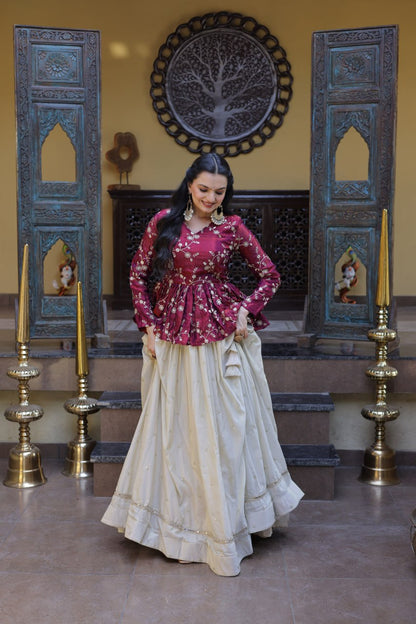Wine Floral Embroidered Peplum Top With Off-White Lehenga Skirt Set