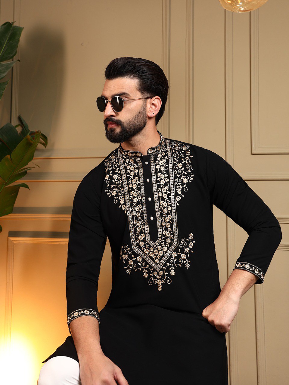 Classic Designer Embroidered Kurta Set For Men With White Pajama