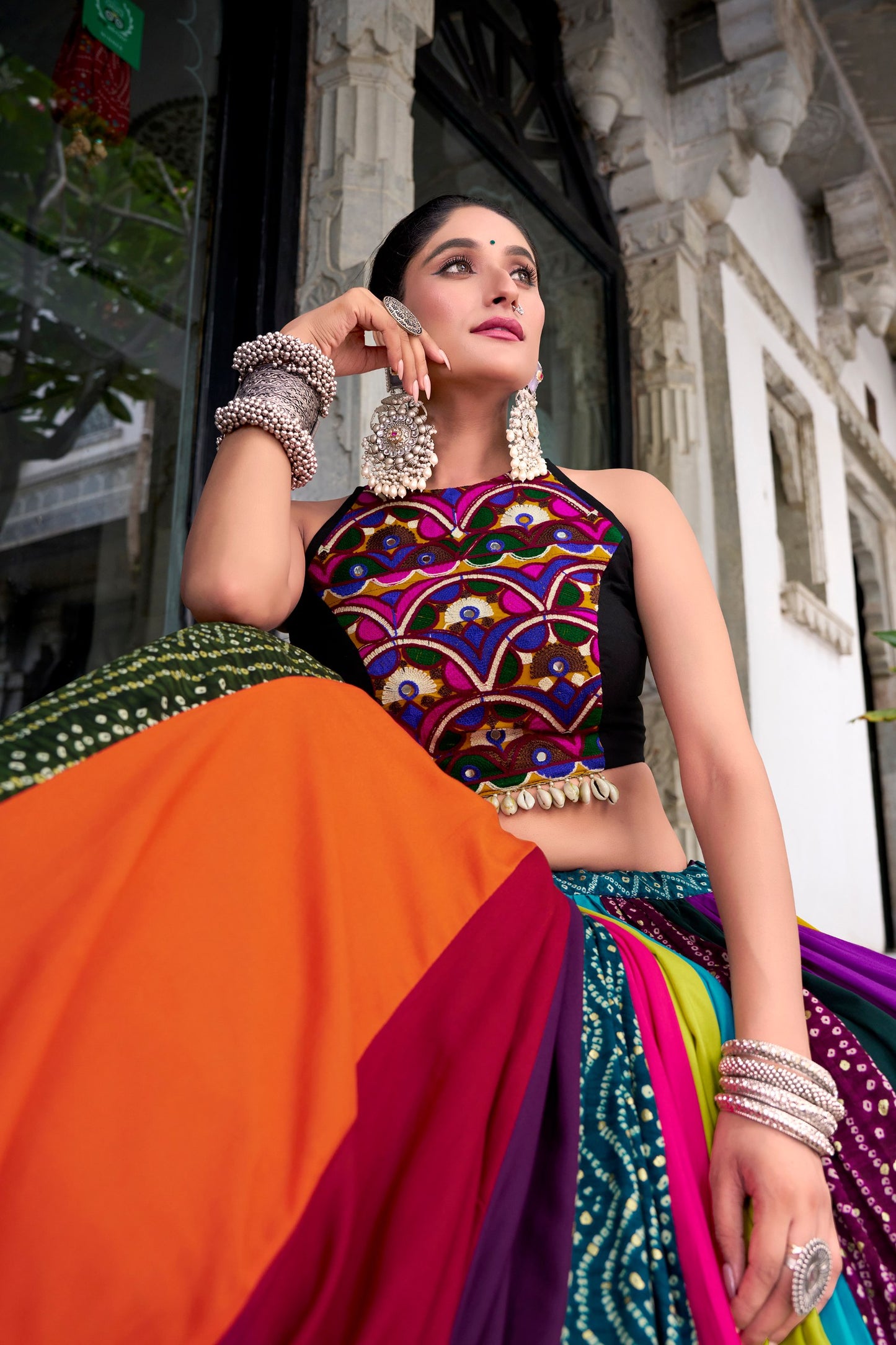 8 Meter Ultra Flair Multicolor Panelled Lehenga Choli With Gamthi Mirror Work Halter Blouse