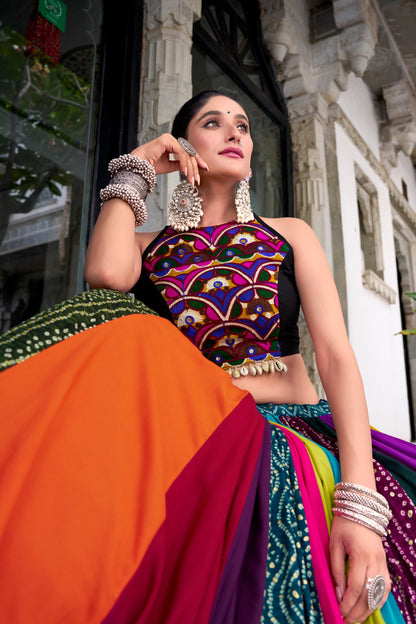 8 Meter Ultra Flair Multicolor Panelled Lehenga Choli With Gamthi Mirror Work Halter Blouse