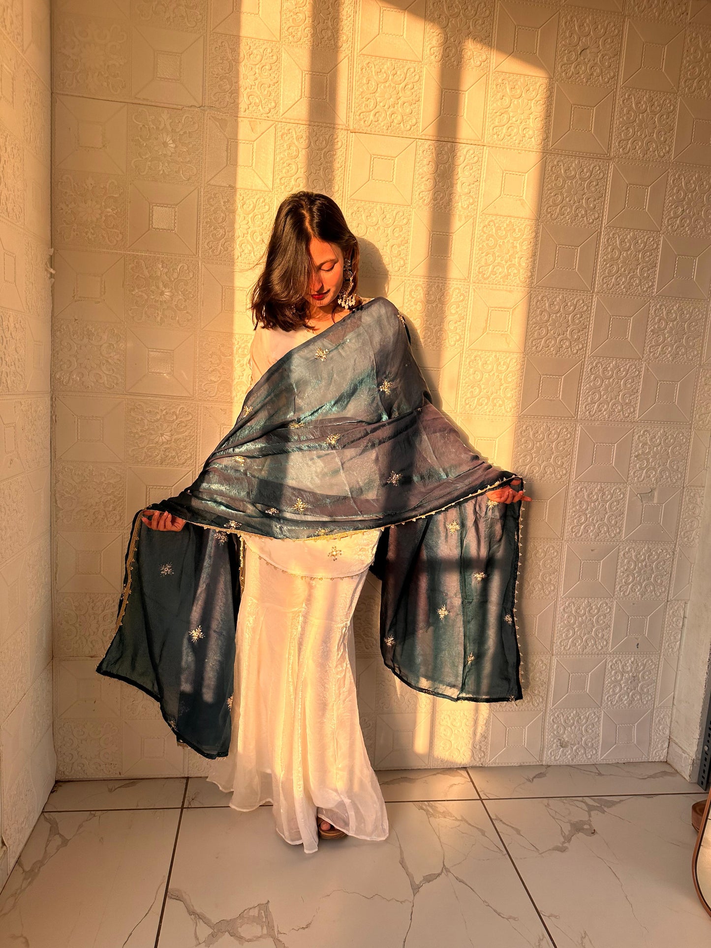 Embroidered Sharara Set With Contrast Sequin Teal Blue Dupatta