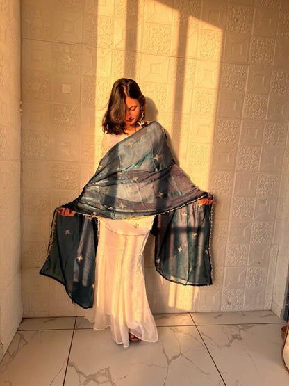 Embroidered Sharara Set With Contrast Sequin Teal Blue Dupatta