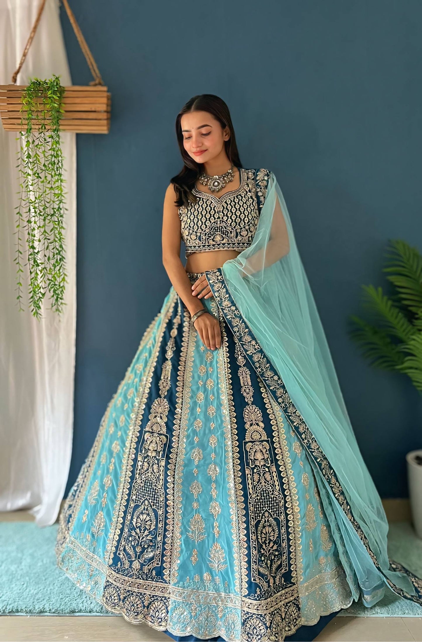 Teal Blue Zari And Sequins Panelled Bridal Lehenga Choli Set With Net Dupatta