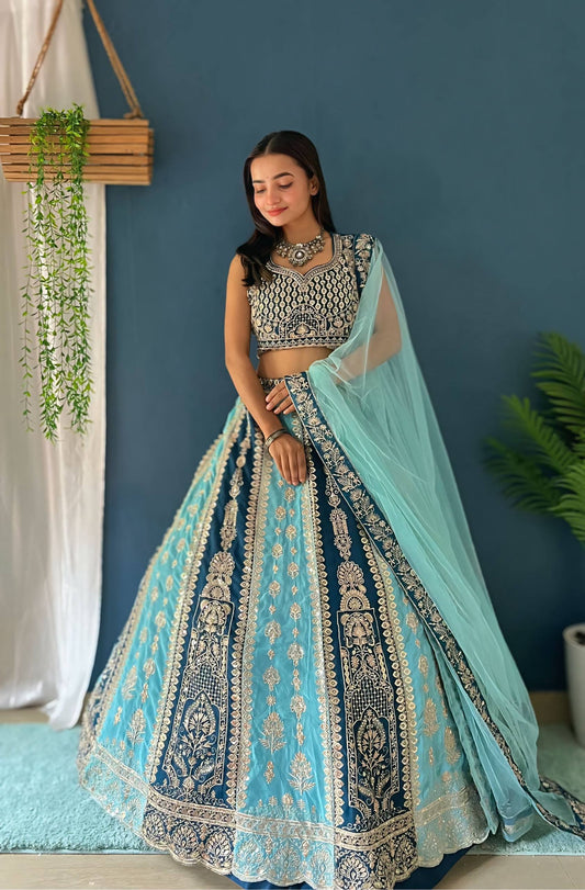 Teal Blue Zari And Sequins Panelled Bridal Lehenga Choli Set With Net Dupatta
