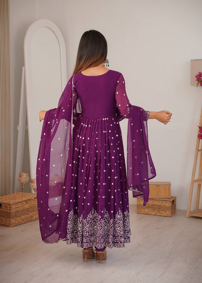 Purple Faux Georgette Anarkali Suit With Designer Embroidery