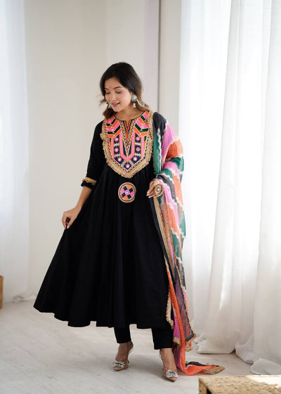 BLACK KHADI COTTON DESIGNER GOWN WITH EMBROIDERED MIRROR WORK & DIGITAL PRINT DUPATTA