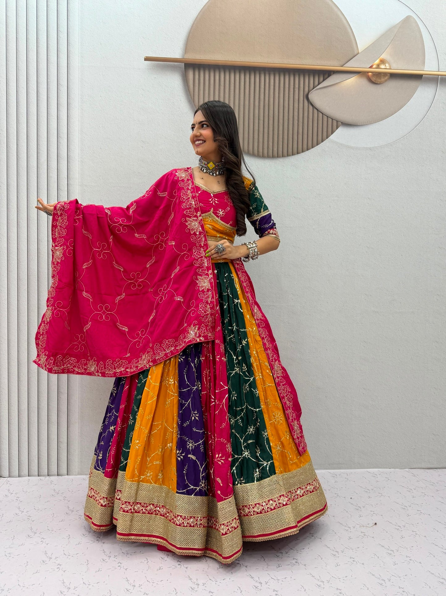 6 Meter Flair Multicolor Panelled Lehenga Choli With Embroidered Dupatta