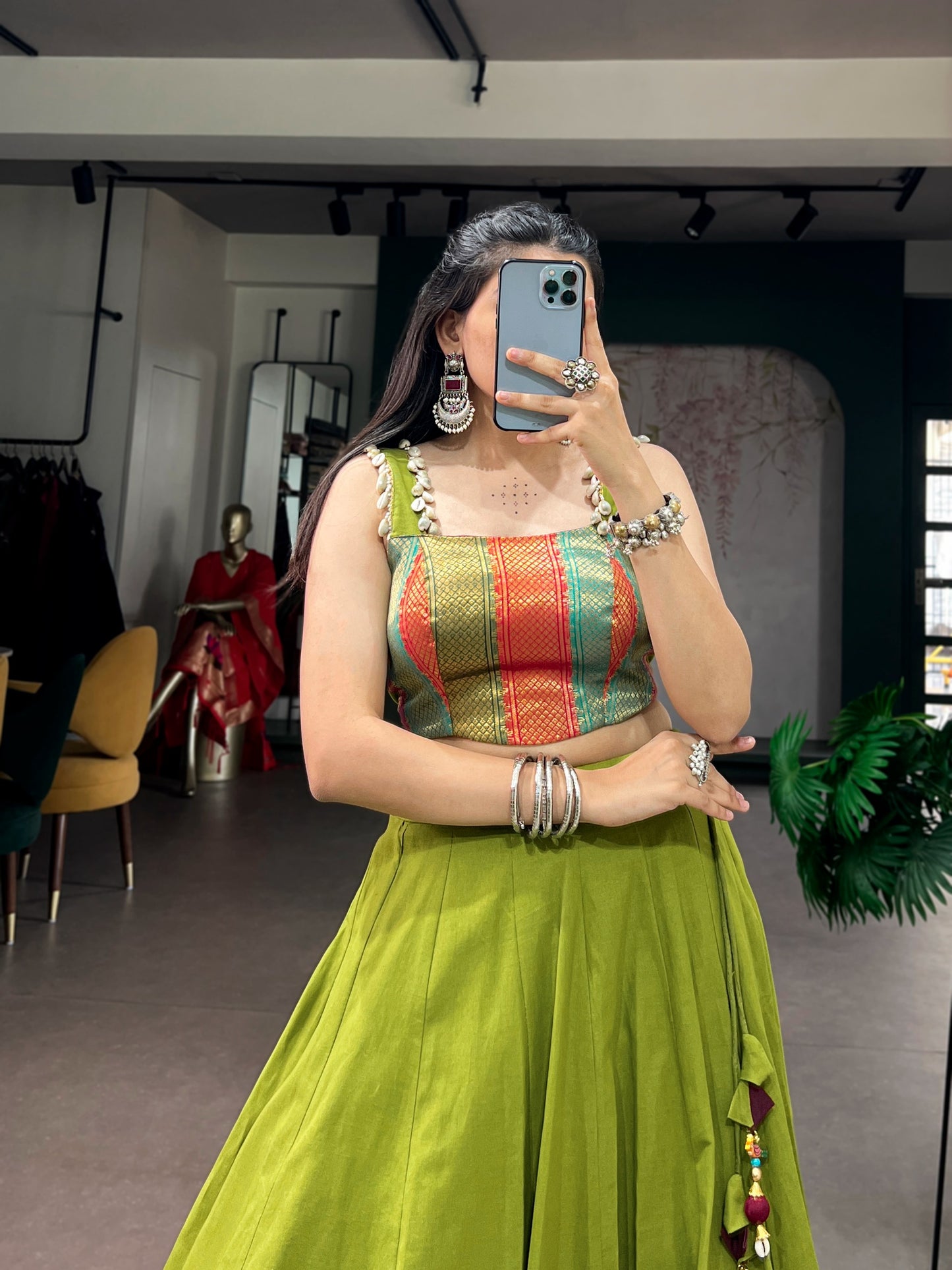 5 Meter Flair Parrot Green Lehenga Choli With Patchwork Border