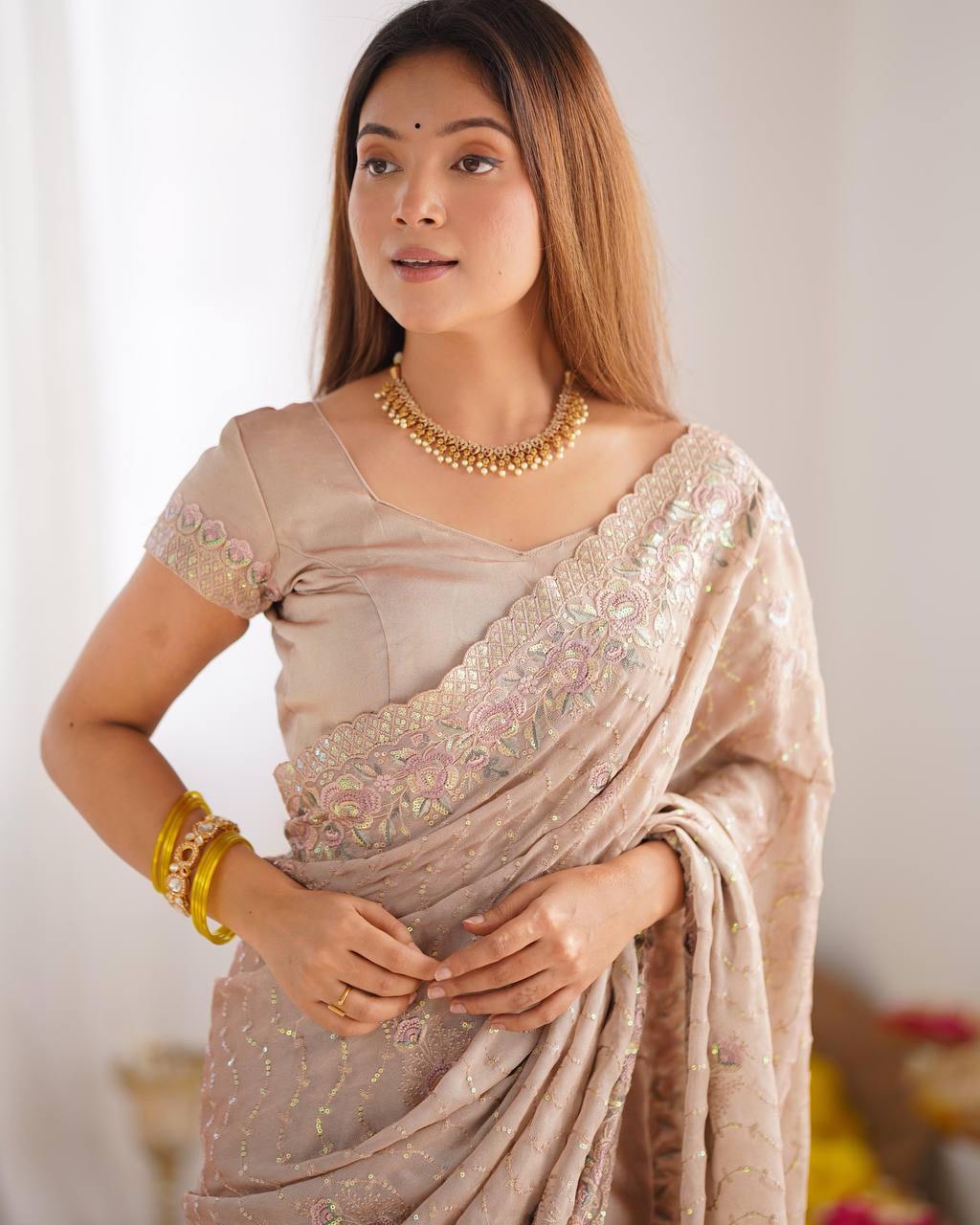 BEIGE DESIGNER SAREE WITH SEQUENCE AND EMBROIDERY WORK