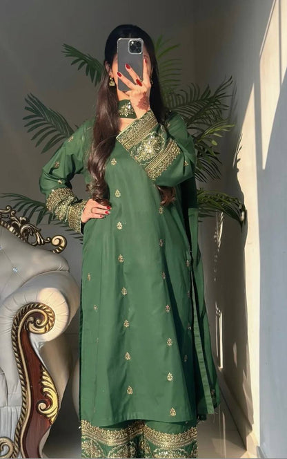 Green Embroidered Silk Kurti With Matching Sharara And Dupatta