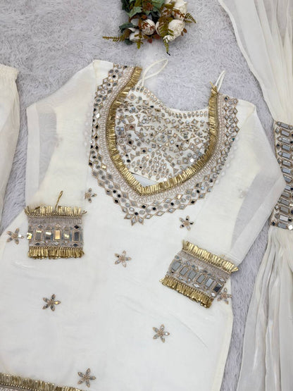 White Silk Sharara Suit With Real Mirror Work And Gold Lace Work