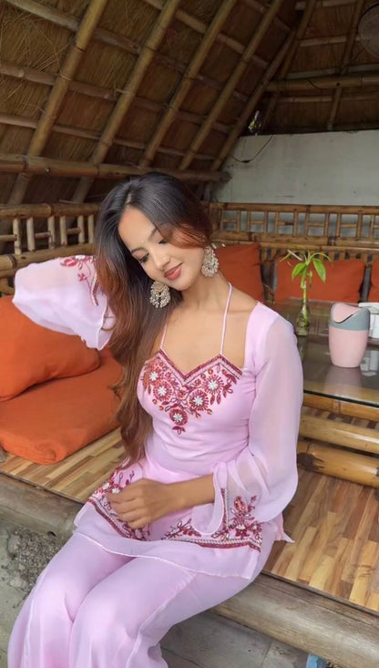 Baby Pink Embroidered Set With Flared Sleeves Dupatta