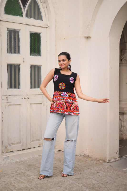 Black Sleeveless Gamthi Embroidered Top with Multicolor Mirror Work