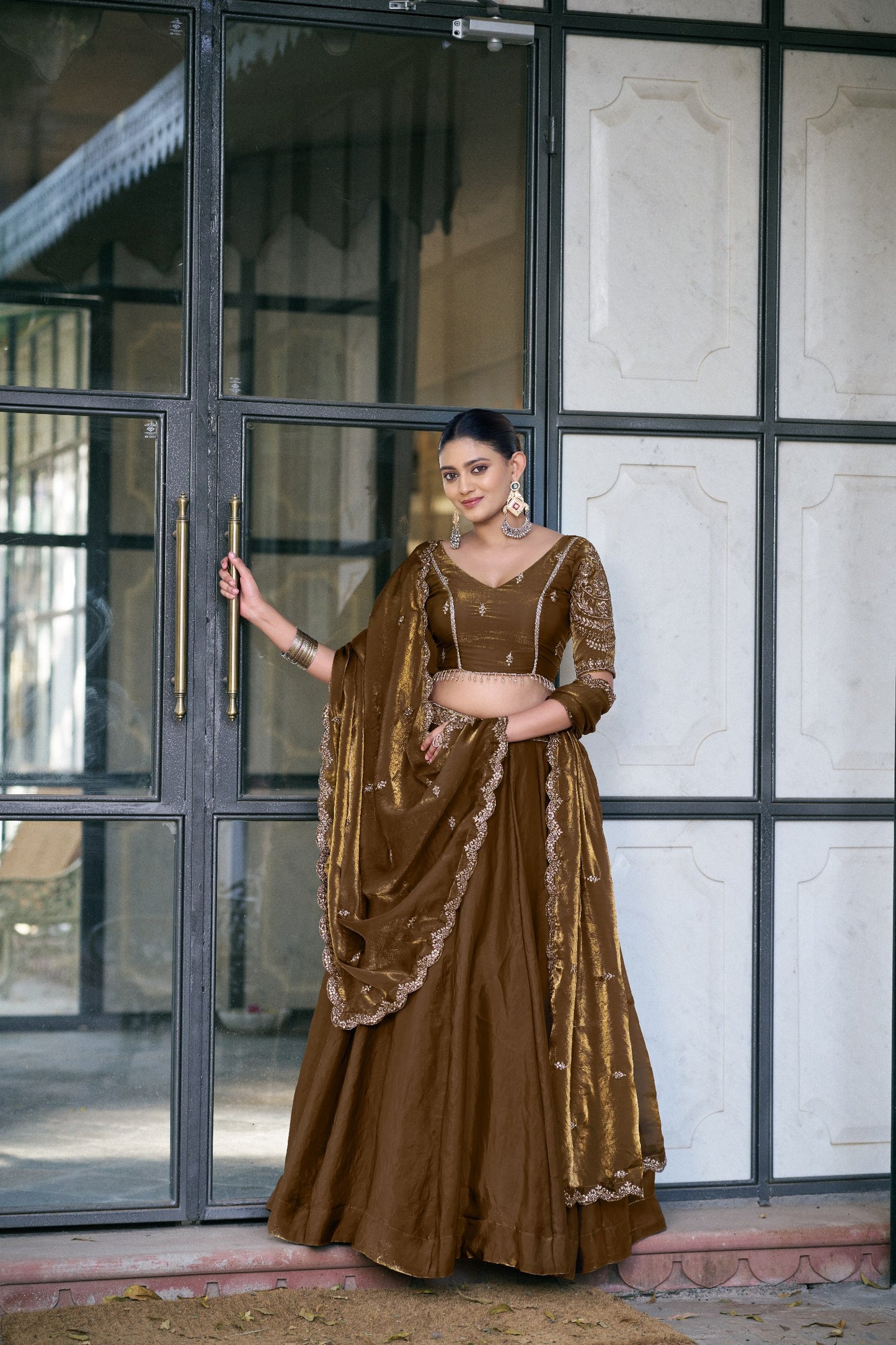 Designer Fendy Silk Lehenga Set With Zari Scallop Border And Attached Drape Dupatta