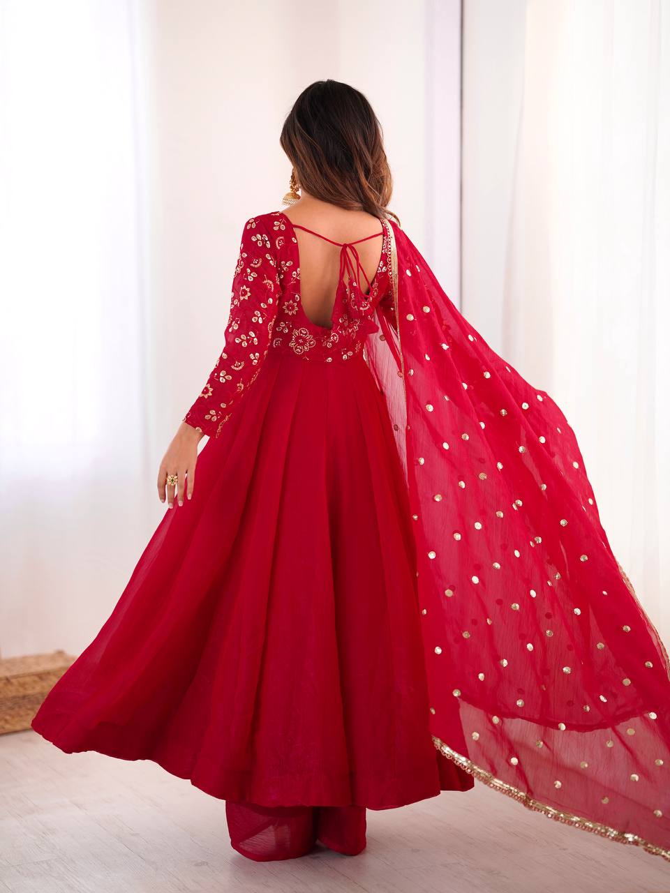 Cherry Red Sequins Embroidered Anarkali Suit Set With Dupatta