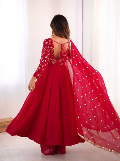 Cherry Red Sequins Embroidered Anarkali Suit Set With Dupatta