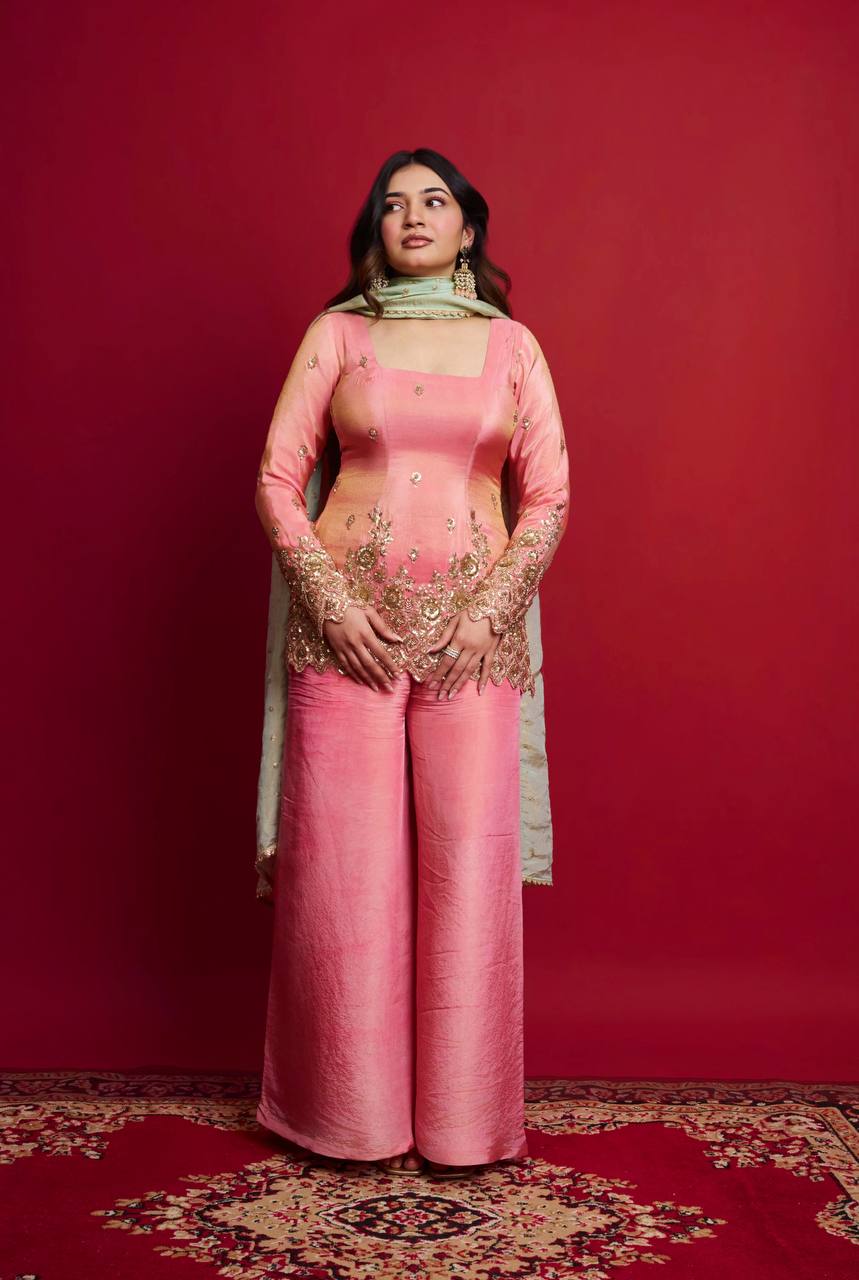 Blush Pink Embroidered Kurta Sharara Set