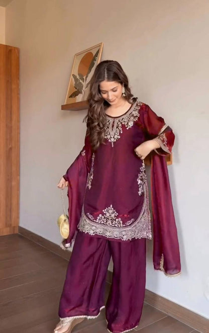Wine Palazzo Suit With Silver Embroidery