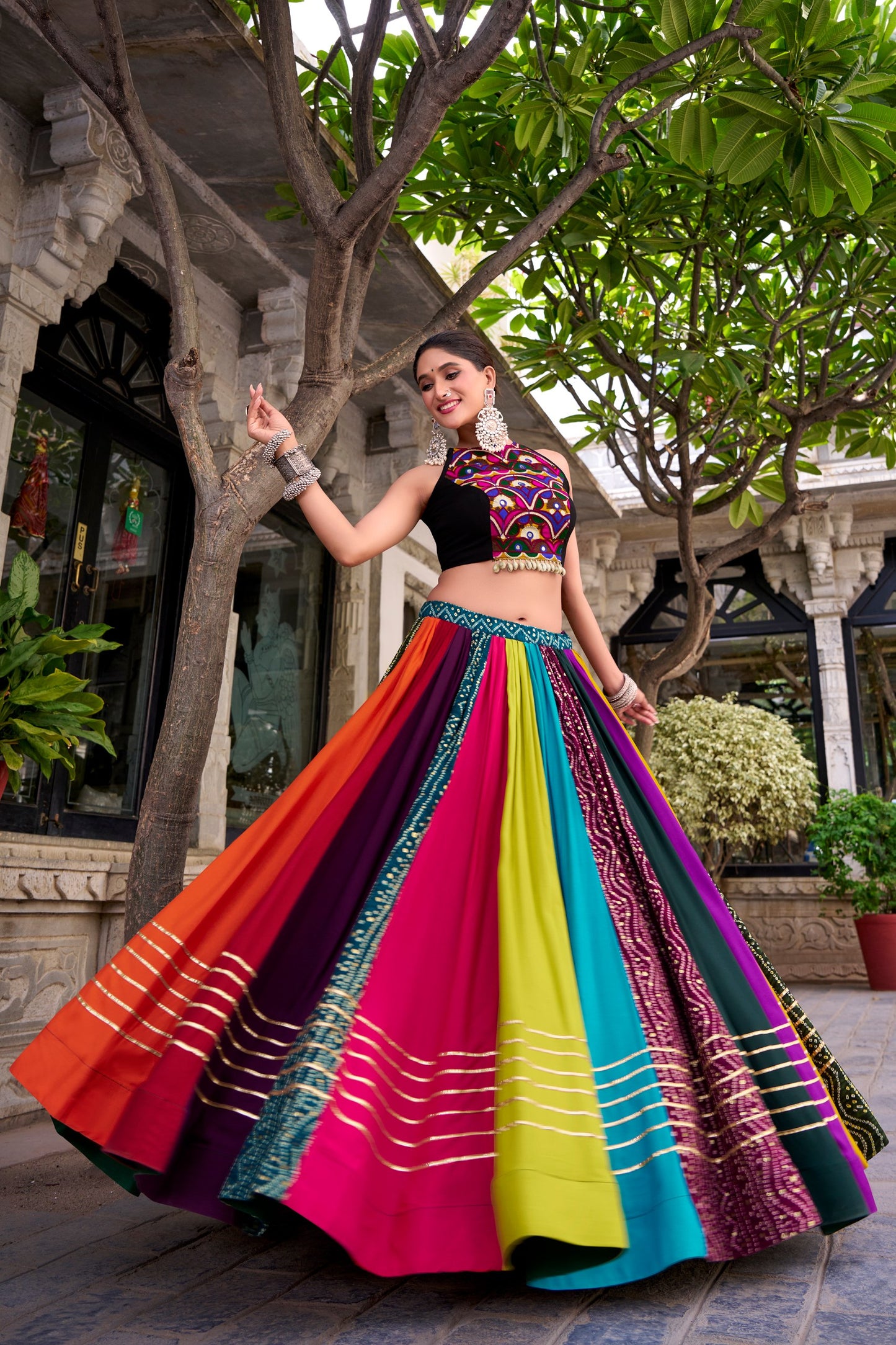 8 Meter Ultra Flair Multicolor Panelled Lehenga Choli With Gamthi Mirror Work Halter Blouse