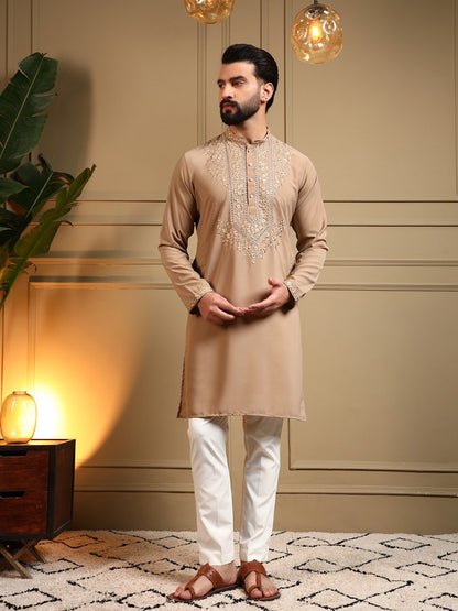 Classic Designer Embroidered Kurta Set For Men With White Pajama