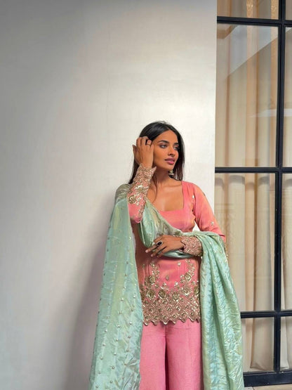 Blush Pink Embroidered Kurta Sharara Set