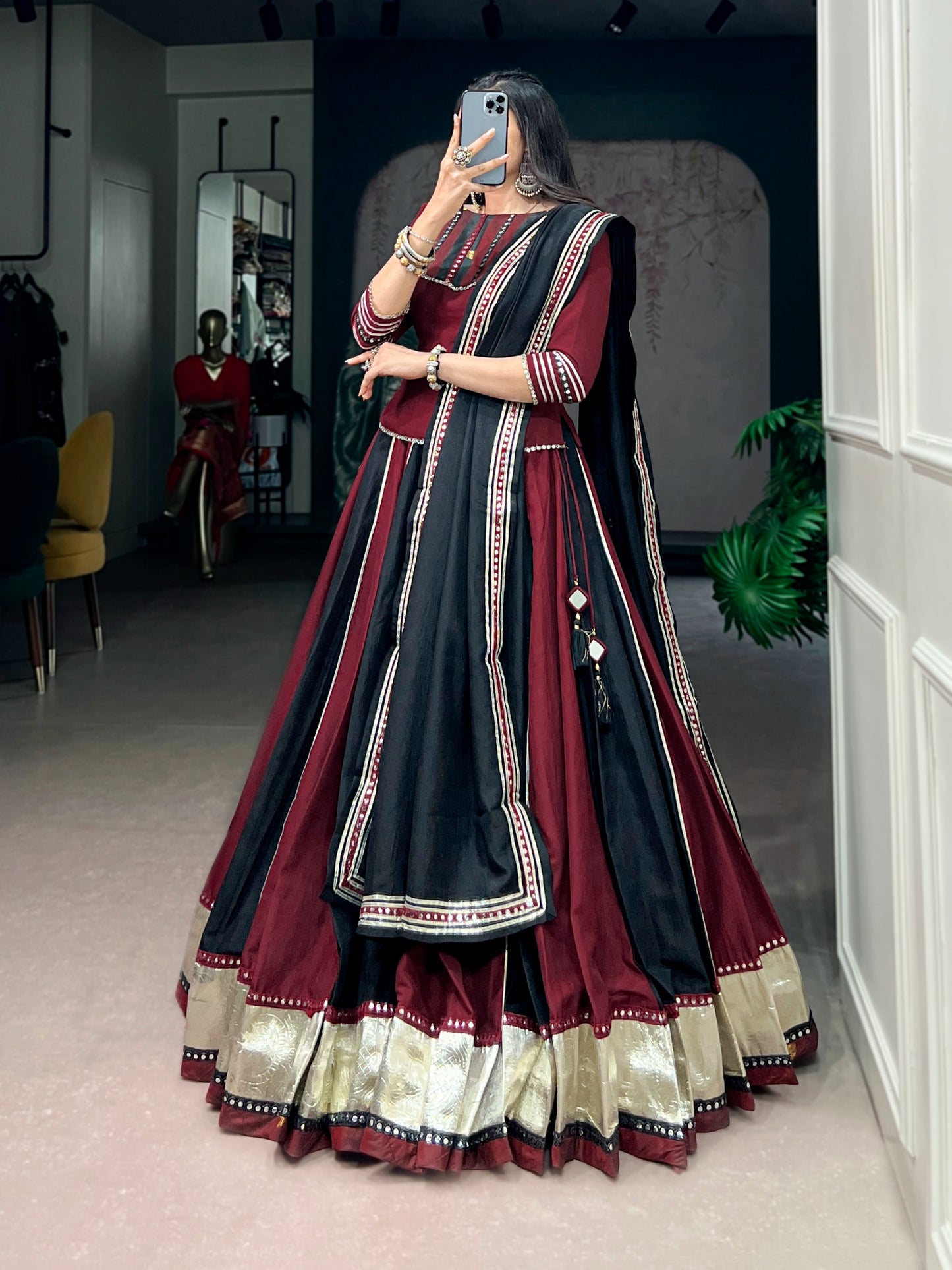 Maroon Black Panelled Lehenga Choli With Zari Border And Mirror Work